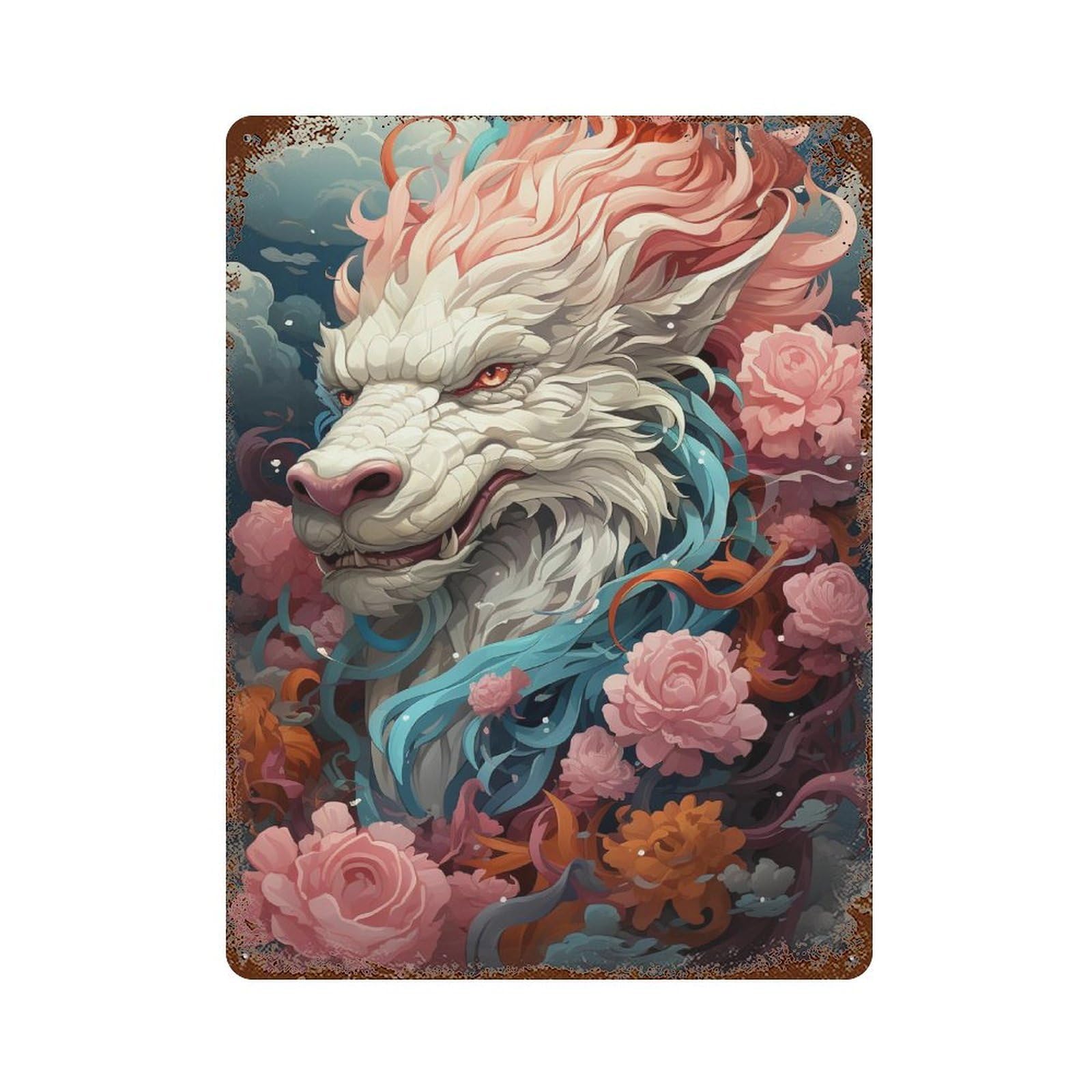 Fantasy Wolf with Flowers Rust Effect Tin Sign 15.7"x11.8", Retro Wall Decor for Pub, Kitchen And Man Cave Decor