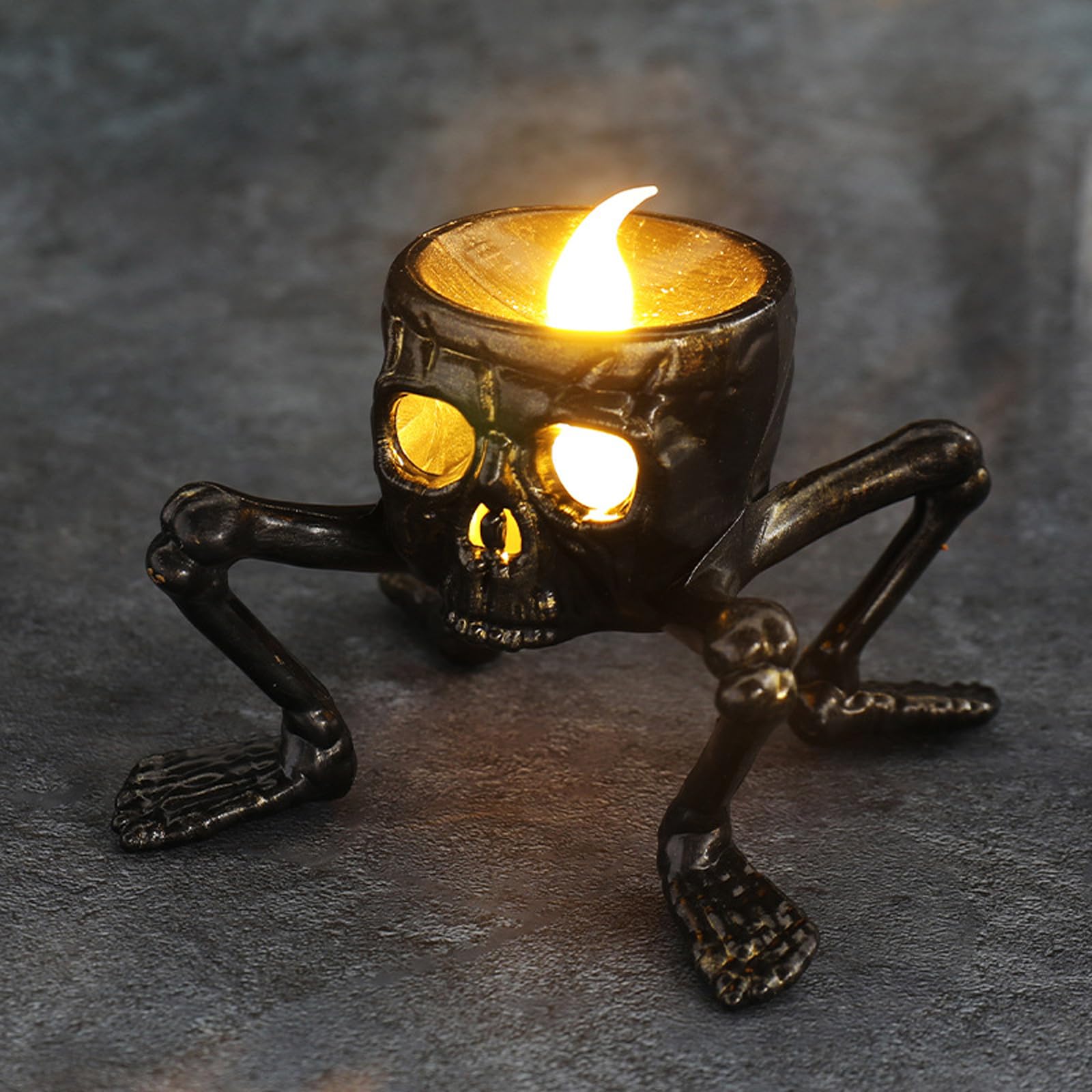 ESSECMBS Halloween Skull Flameless Candle LED Light Up Legged Skeleton Night Lights Flickering Flameless Candles Decoration Indoor (Black, 8cm*8cm*7.5cm)