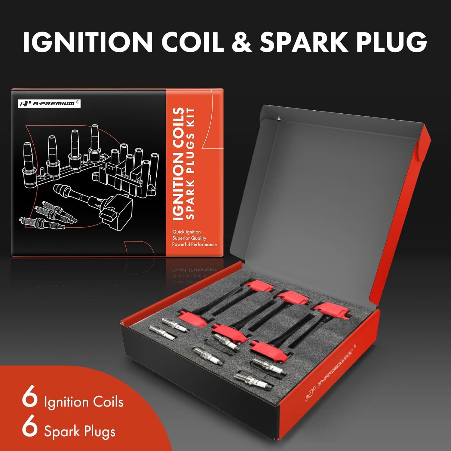A-Premium Ignition Coil (Red) with 3-Pins and Iridium Spark Plugs Compatible with Ram 1500 3.6L 2019, Ram 1500 Classic 3.6L 2021 & Jeep Grand Cherokee 3.6L 2016-2018 & Dodge Durango 3.6L 2016-2018