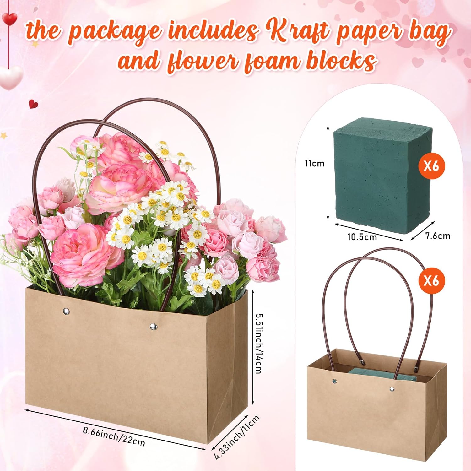 6 Set Mother's Day Flower Gift Boxes with Floral Foam Blocks, Bouquet Carrier Bags with Handle, Paper Flower Box for Bouquet, Floral Arrangement Box for Birthday, Wedding Party Favor(Brown)