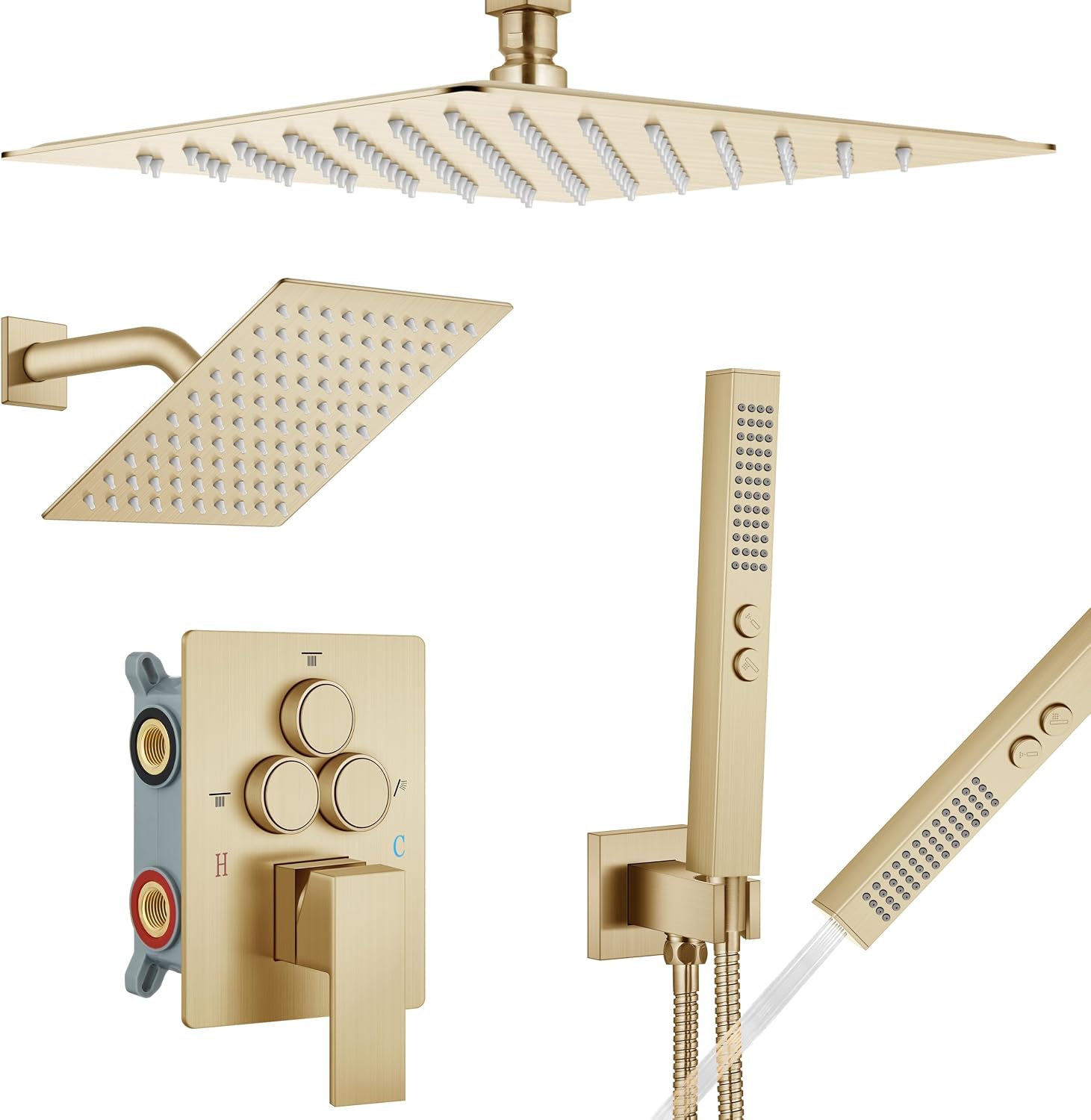 Set de grifería para ducha de techo doble con cabezal 10 y 6 pulgadas dorado miniatura 1
