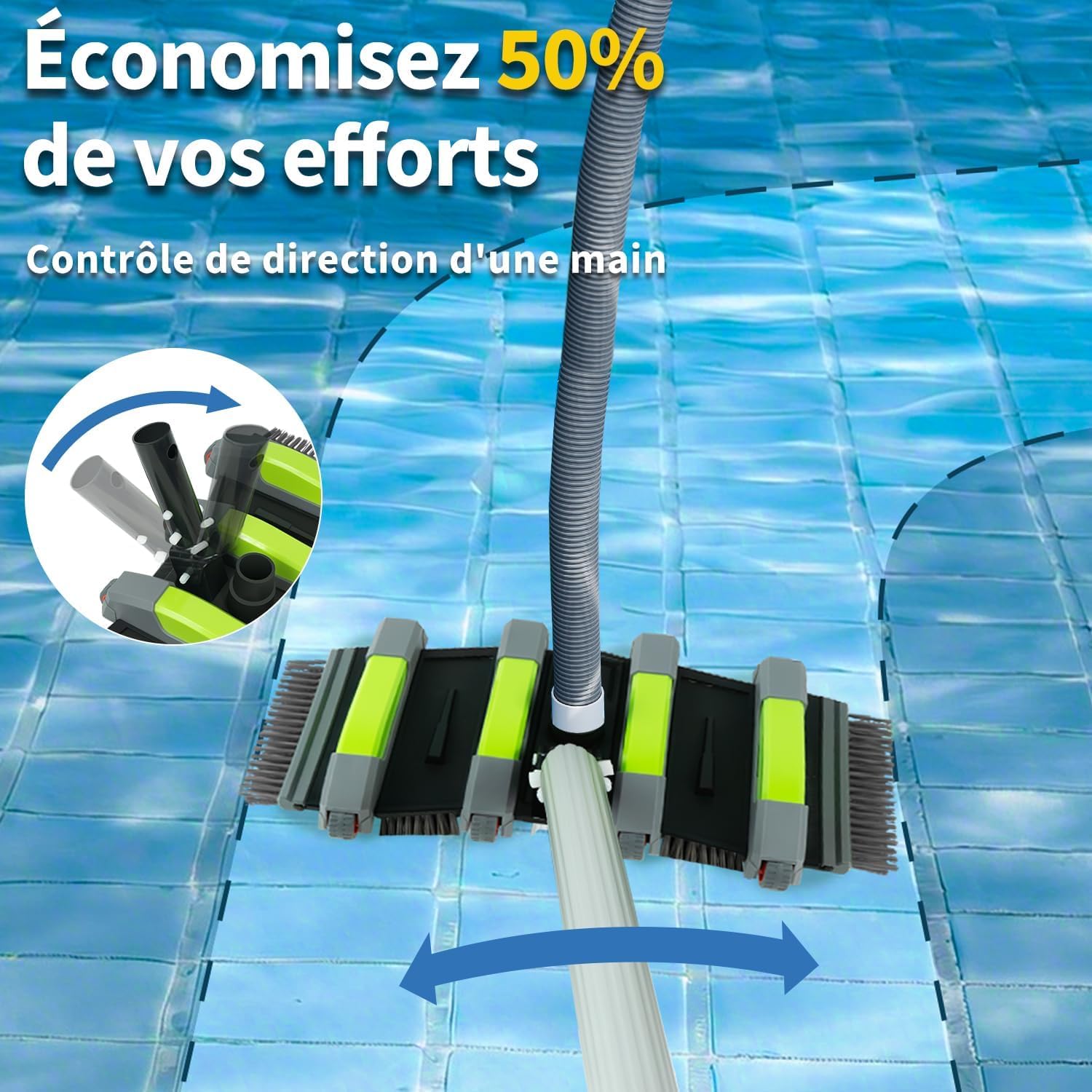 Balai Aspirateur Piscine 45 cm avec Roues, Brosse Aspirateur Piscine avec Raccord d’Aspiration, Brosse de Fond Piscine Flexible avec Brosse Latérale, Compatible Tuyaux 3.2cm et 3.8cm