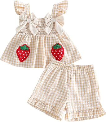 fhutpw Baby Toddler Girl Clothes Gingham Outfit Bow Top Ruffle Shorts Set