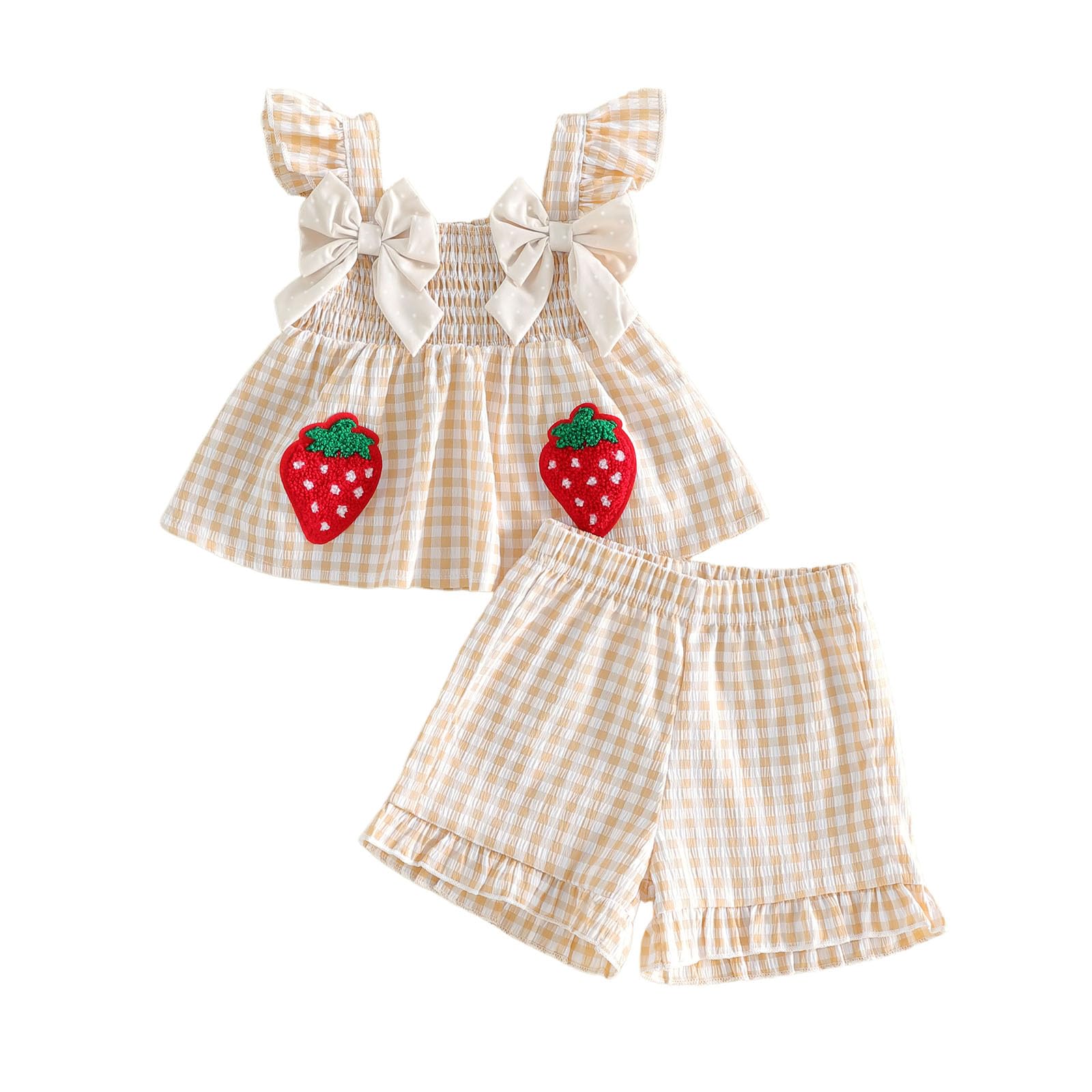 Toddler Baby Girl Summer Clothes Infant Girl Plaid Outfit Strawberry Ruffle Gingham Shirts Dress Tank Top Shorts Set — view 8