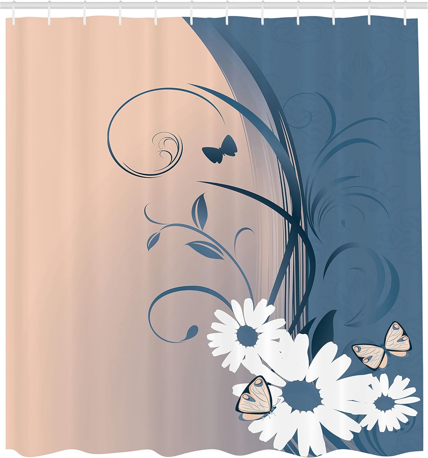 Ambesonne Floral Shower Curtain, Swirling Curving Chamomile Flowers Flying Butterflies Nature Summer Pattern, Cloth Fabric Bathroom Decor Set with Hooks, 69" W x 75" L, Warm Taupe