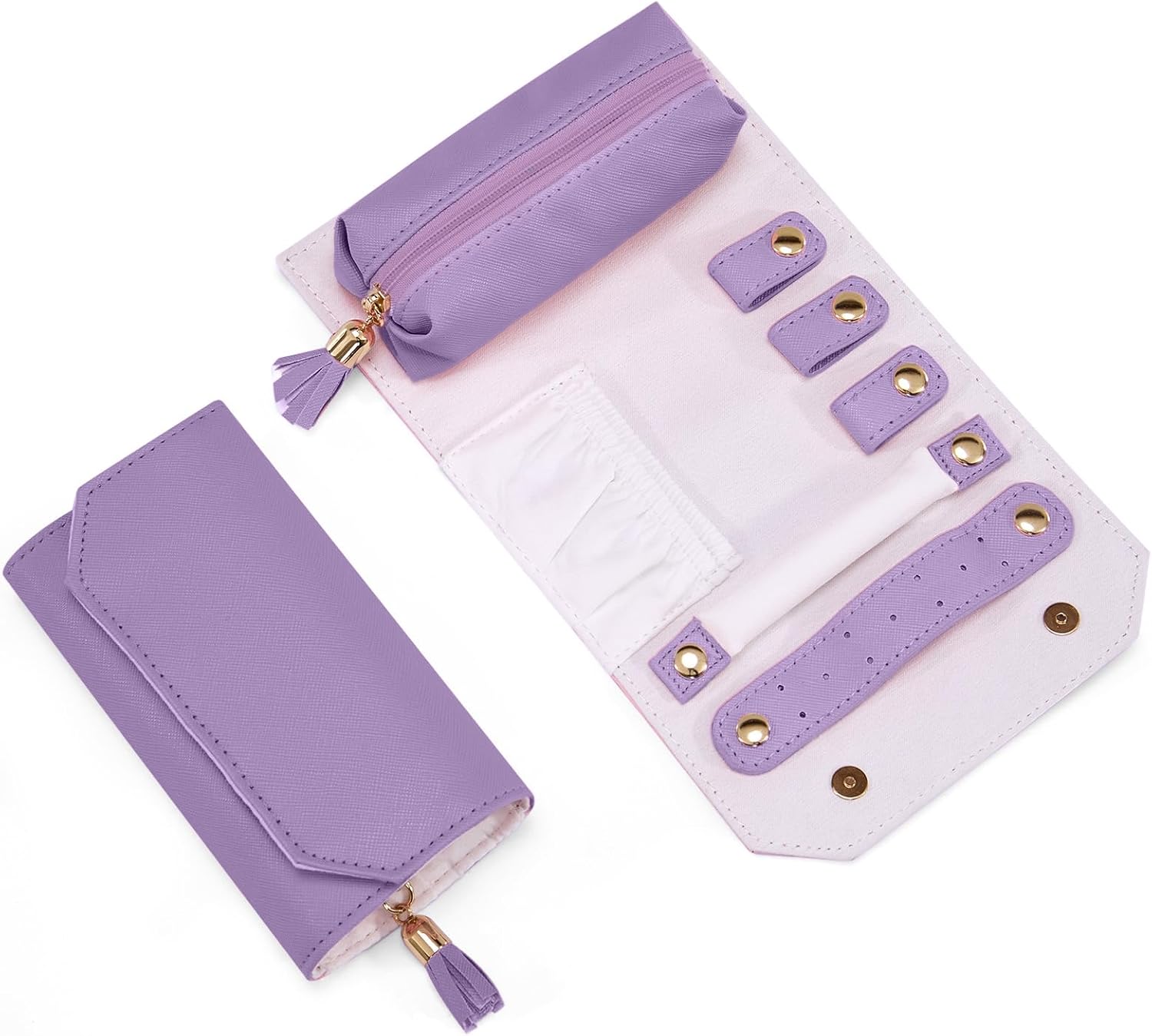 Small Travel Jewelry Organizer Roll,PU Leather Pouch,Multi-compartment,Tangle-Free for Necklaces, Compact Holder for Mini Jewelry. Easy to Use on The Go. Gift for Girls.(Pink)