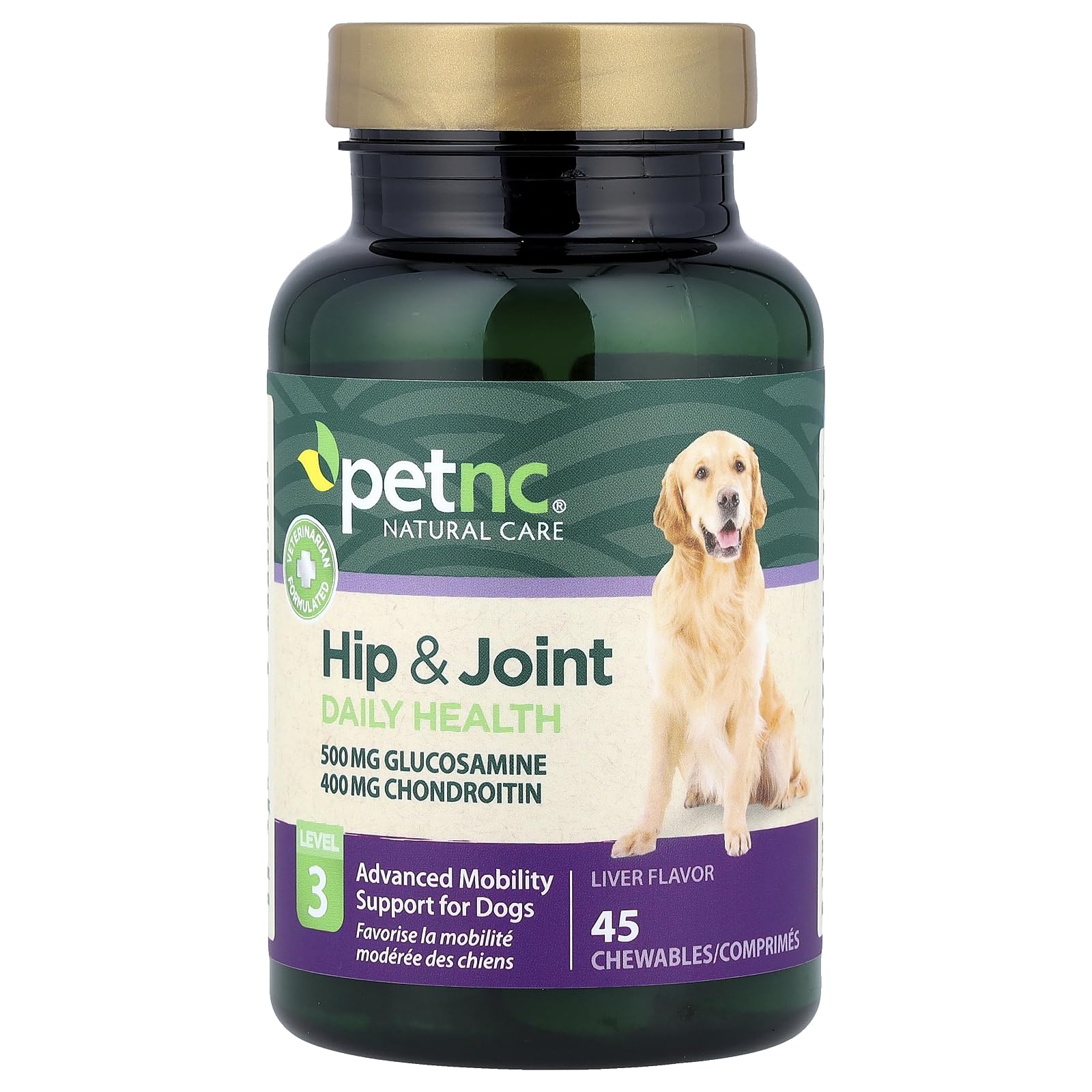 Petnc Natural Care Level-3 Hip & Joint Health Supplement for Adult Dogs (45 Count), 500mg Glucosamine, 400mg Chondroitin, 50mg MSM, & 6mg Hyaluronic Acid, Includes Vitamin C & Manganese, Liver Flavor
