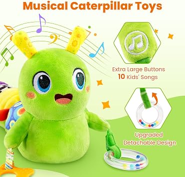 gogonova Baby Musical Caterpillar Toy 0-12 Months, Washable Teething Rattle with 10 Kids Songs, Infant Tummy Time Toy for Newborn Boys Girls (Green)