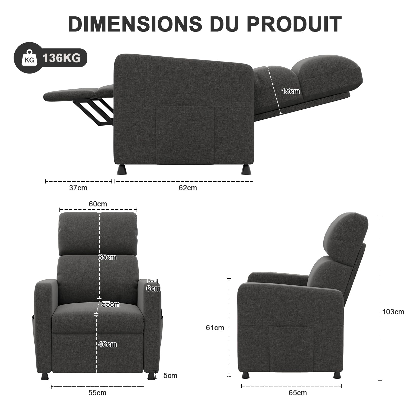 Devoko Fauteuil de Relaxation, Fauteuil Relax Électrique avec Dossier Réglable et Repose-Pieds Extensible, Fauteuil Inclinable pour Chambre, Salon et Home cinéma, télécommande