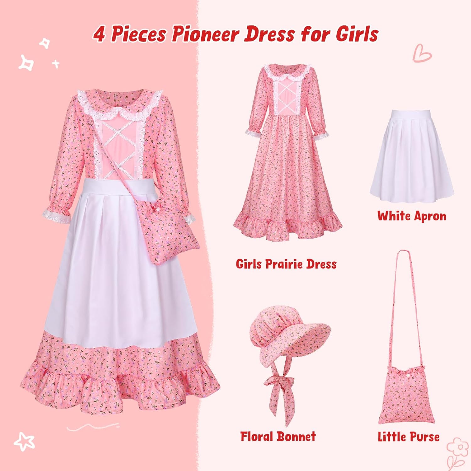 Meland Pioneer Dress for Girls, Colonial Floral Costume with Bonnet Apron & Purse, Dress Up Clothes for Girls Ages 5-13