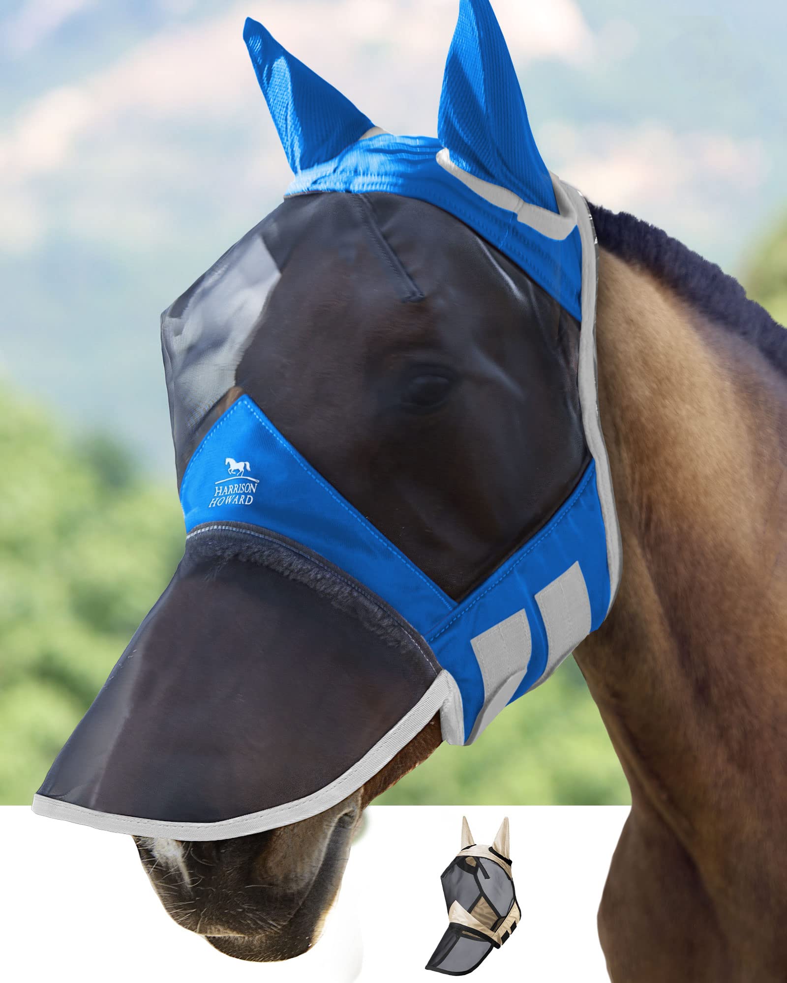 Harrison HowardCareMaster Pro Luminous Horse Fly Mask Large Eye Space Long Nose with Ears UV Protection for Horse Signature Blue Small Pony