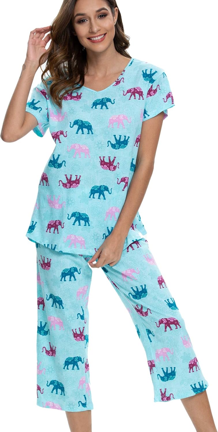 ENJOYNIGHT Womens Pajama Sets Cotton Pj Set Short Sleeve Top With Capri Pants Sleepwear 2 Piece Lounge Set - Image 3