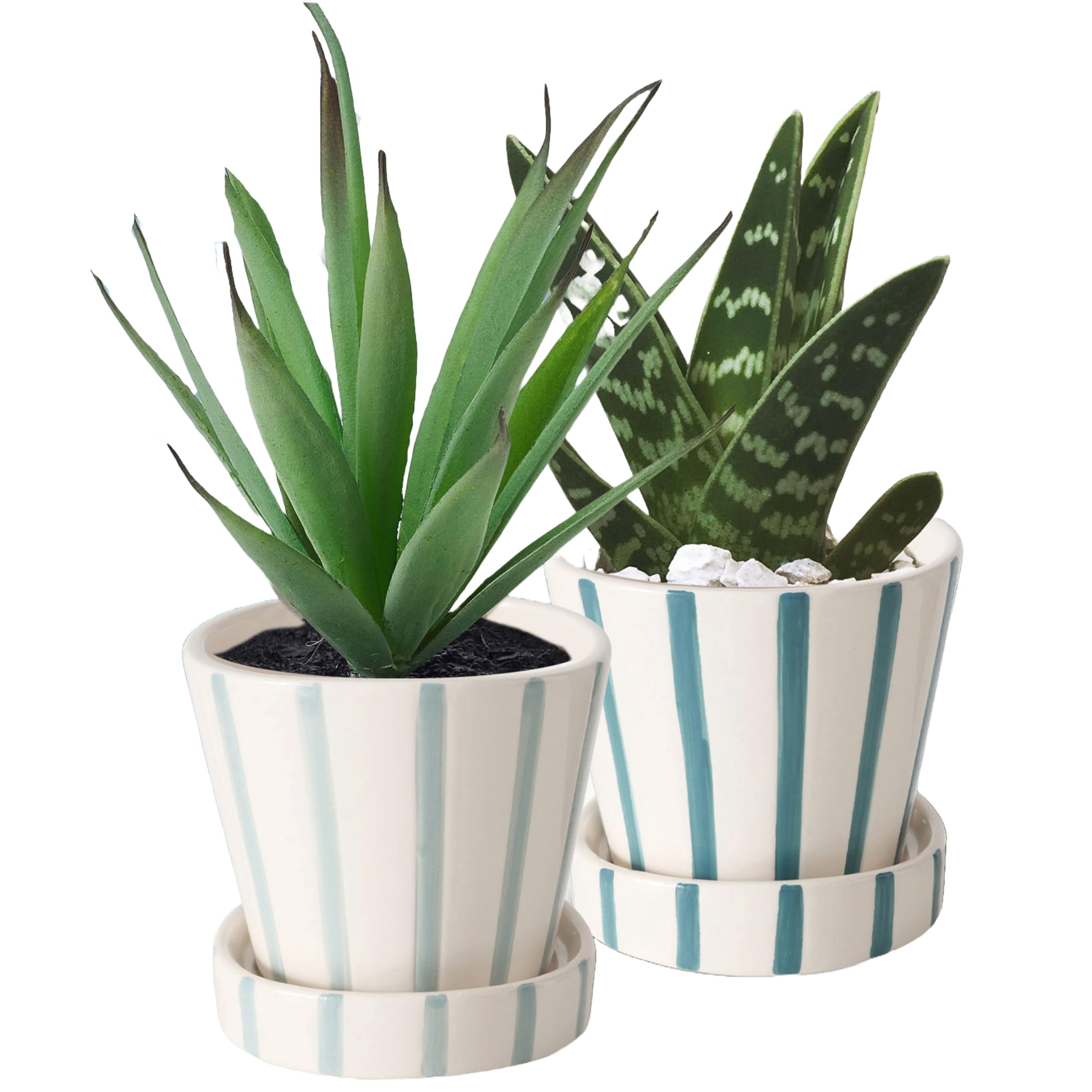 WHW Whole House Worlds Coastal Stripes Planters, Set of 2, Ceramic, Baby Cache Pots with Saucers, Glazed White Stoneware, Pale and Dark Turquoise Blue, 4.25 D x 4 H Inches