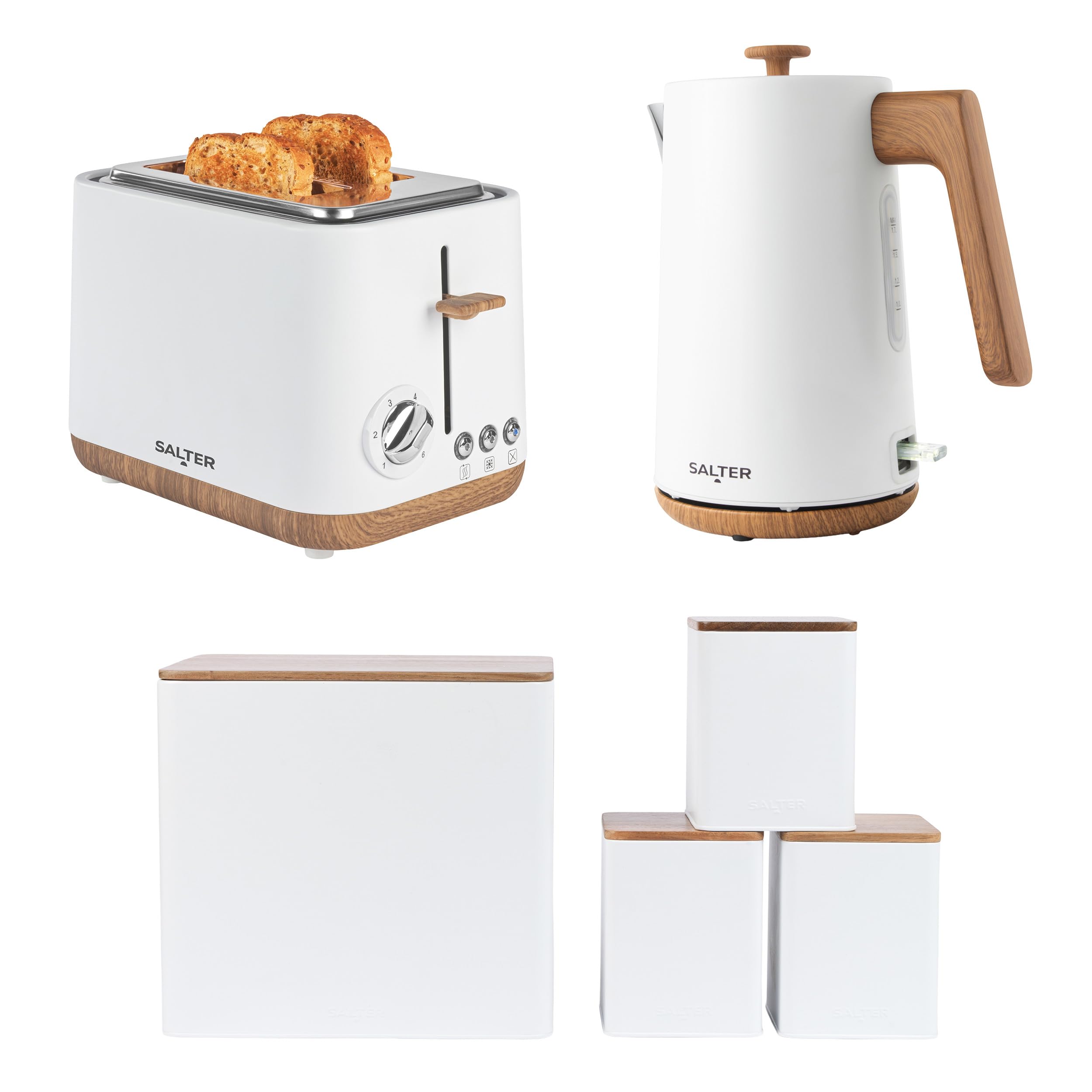 Salter Toronto 3-Piece Kitchen Set – 1.7L 3KW Rapid Boil Kettle, 815W 2-Slice Toaster & 4pc Countertop Set with Bread, Tea, Coffee & Sugar Storage, Durable & Easy Clean, Matte White/Wooden Accents, — image 1