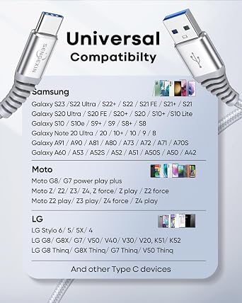 Extra Long USB C Cable 3M,3A Type C Fast Charge Charger Cable for Samsung Galaxy S22 S23 S21 S20 S10 Plus A21s A12 A13 A22 A32 A33 A41 A51 A50 A70,Note 10 9 8 Huawei,Moto G7,Google Pixel and More