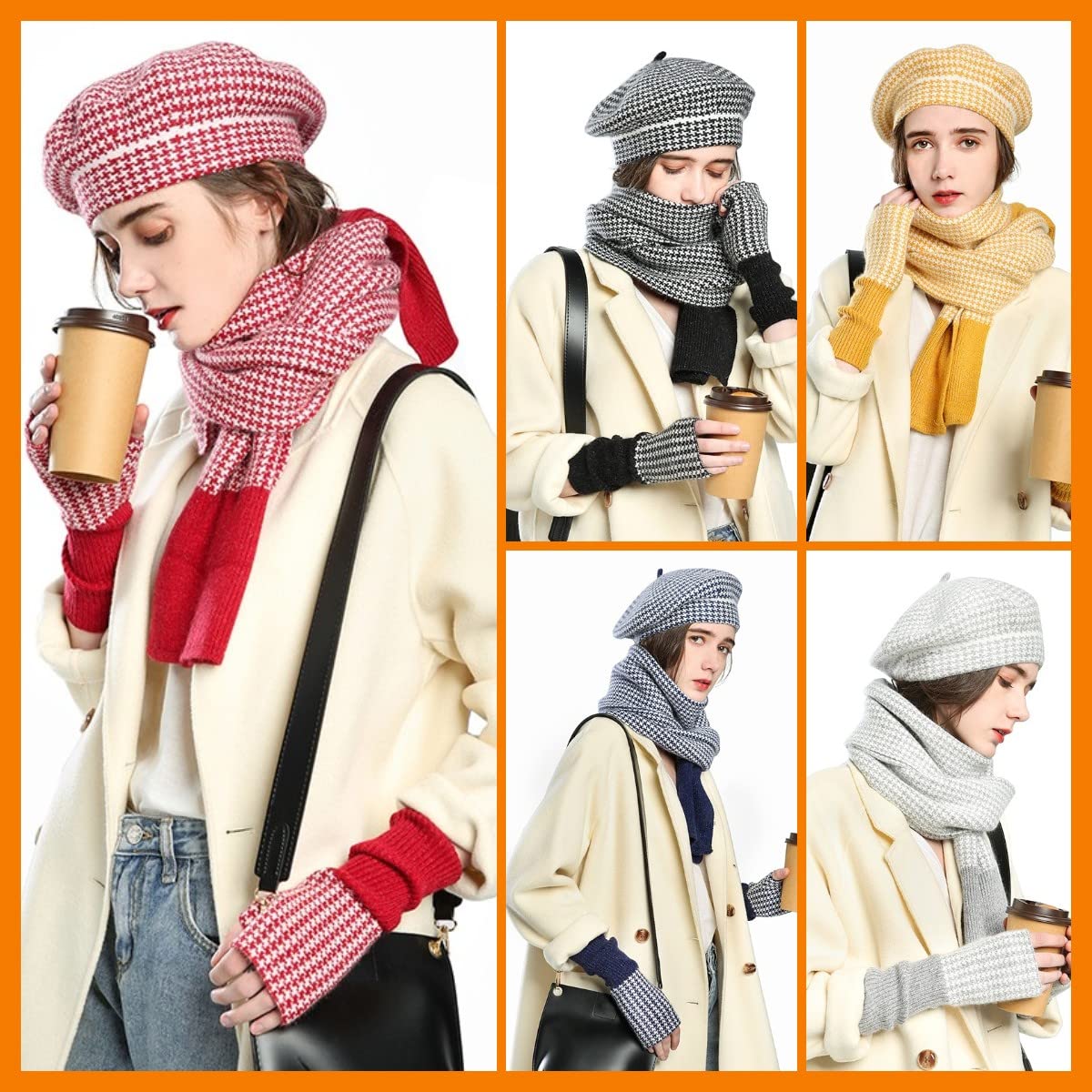 Dajingkj Baskenmütze für Damen, 3-teiliges Hut, Schal, Handschuhe, Set, Mädchen, Mode, fingerlose Handschuhe, Baumwolle, Winter-Geschenk-Set, gelb, Einheitsgröße