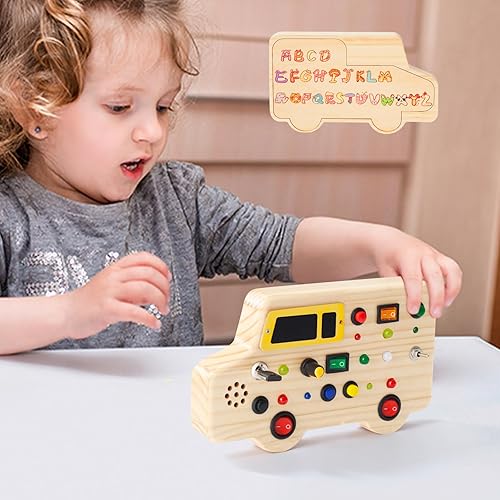 Montessori - Tabla de actividades de viaje, juguetes sensoriales con luces LED, tablero de madera para automóvil con diseño de doble cara, juguete