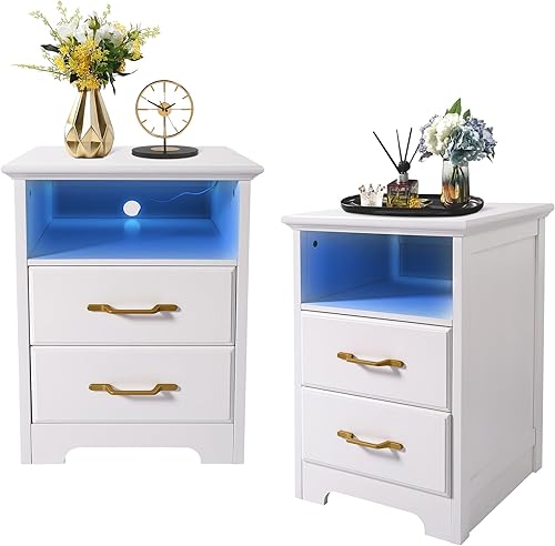Juego de 2 mesitas de noche LED blancas con estación de carga y luces LED, mesita de noche con 2 cajones, mesitas de noche de madera con puerto USB