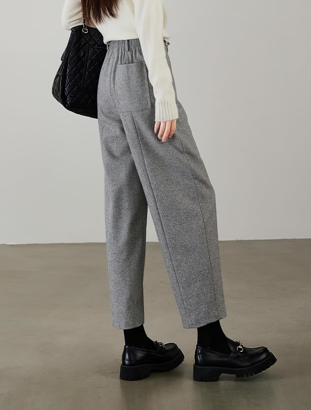 chouyatou Womens Fall Winter Wool Pants Elastic Waist Dressy Work Business Casual Slacks Cropped Trouser - Image 3