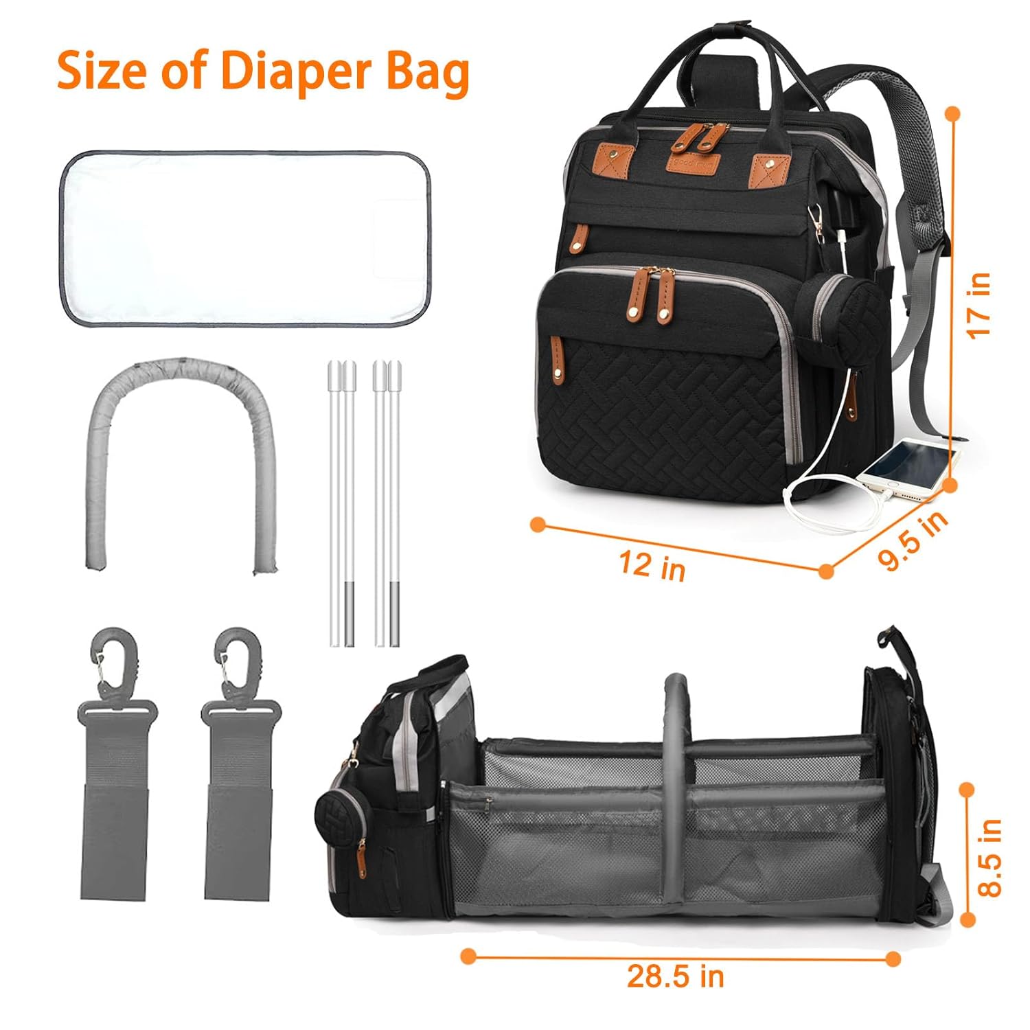 Baby Diaper Bags with Changing Station, Waterproof Diaper Bag Backpack for Moms Dads with USB Charging Port, Baby Shower Gifts, Large Capacity diaper backpack, Black image 6 of 7 B0C86S4NKW