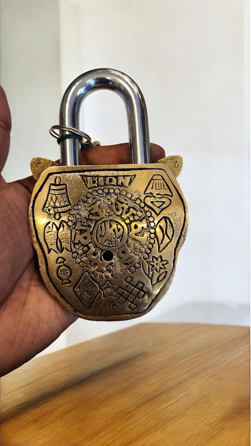 Brass Lion Padlock with Two Keys, Animal Functional Antique Lock, Indian handicrafts Brass Temple Lock