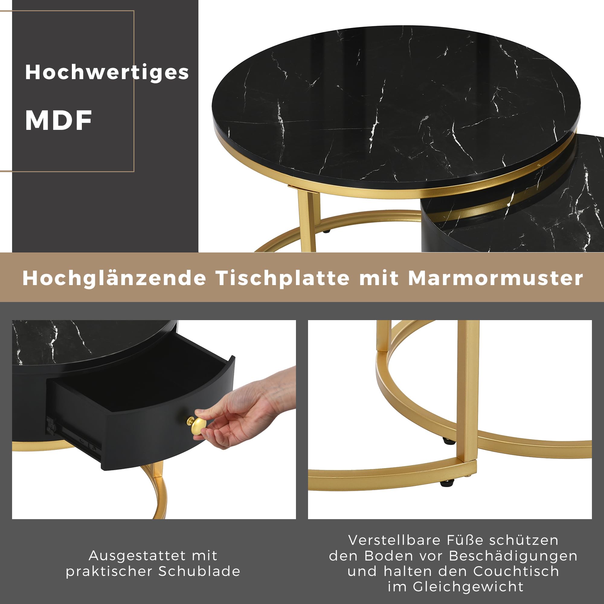 sogesfurniture Salontafel, set van 2, woonkamertafel, bijzettafel, koffietafel, koffietafel, set van 2 met marmerpatroon, goudkleurig metalen frame voor woonkamer, balkon, wit