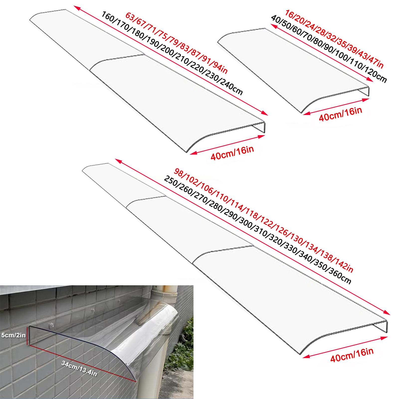 Marquesina para Puertas Invisible,Tejadillo de Protección Transparentes,Toldo para Puerta de Policarbonato,Tejadillo Puerta,Toldo Cubierta de Porche,para Lluvia y Nieve (40x210cm/16 x83)