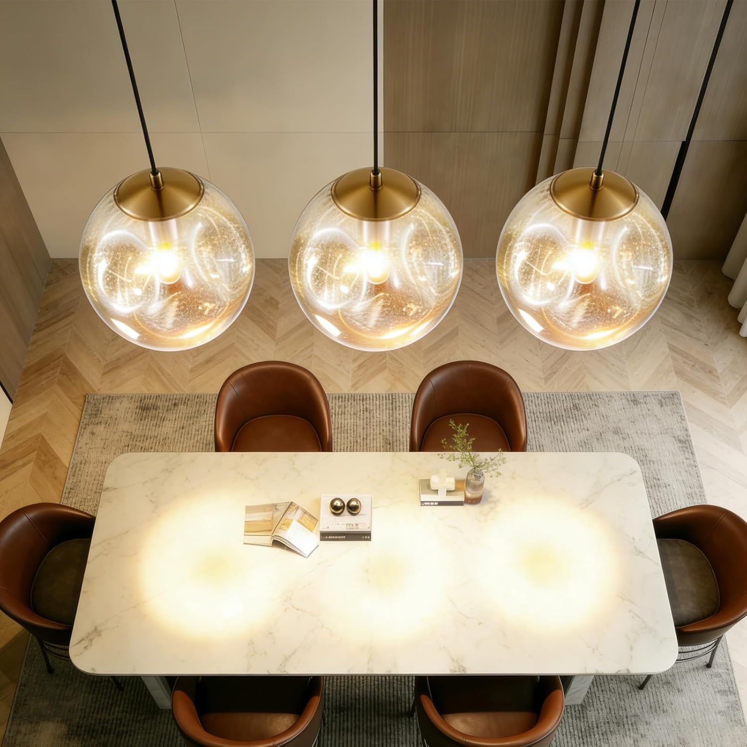 Modern Amber Concave Glass Pendant Light, 3-Pack Kitchen Island Lighting Single Globe Pendant Light Fixtures Century Kitchen Island Pendant Light for Bedroom Dining Room Light (Without Bulbs)