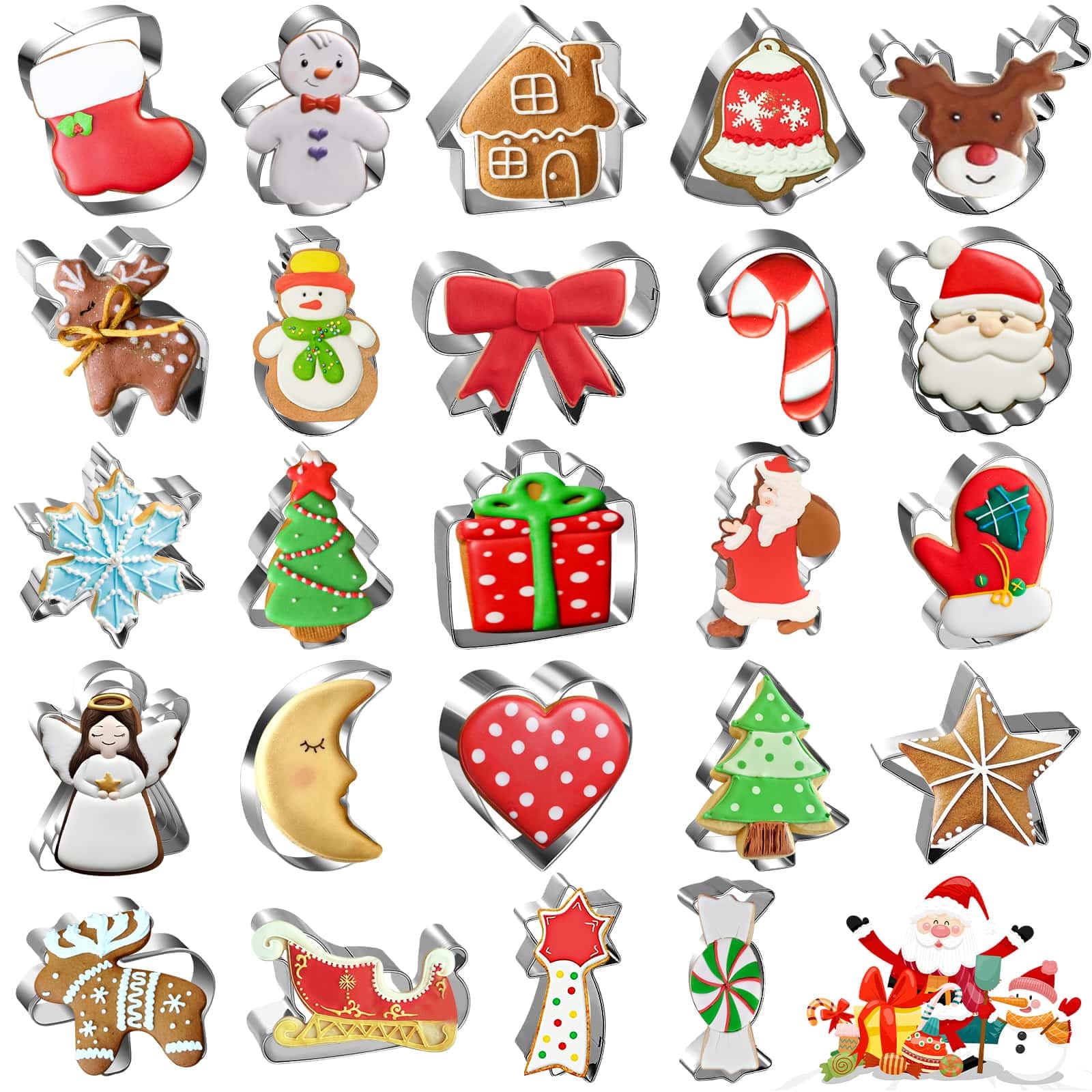 Large Christmas Cookie Cutters and Mini Cookie Cutter Pack Variety Cookie Cutter Shape Gingerbread Man, Snowflake, Christmas Tree, Heart, Star, Angel Christmas Theme Baking Supplies