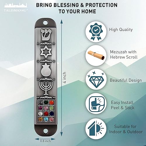 Miniatura 8 de Juego de 3 estaño mezuzá estuche con pergamino para puerta, menorá 3D, estrella de David, diez mandamientos, 12 tribus de Israel, sello mesiánico,