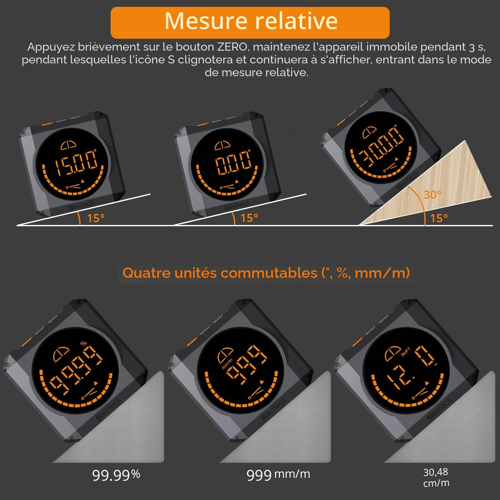 Neoteck Inclinomètre Numérique LED Rechargeable Goniomètre Haute Précision ±0,1° Rapporteur d'Angle Niveau Digital Base Magnétique Puissante Mesure d'Angle 4 Modes IP54 pour Menuiserie BTP Auto Noir