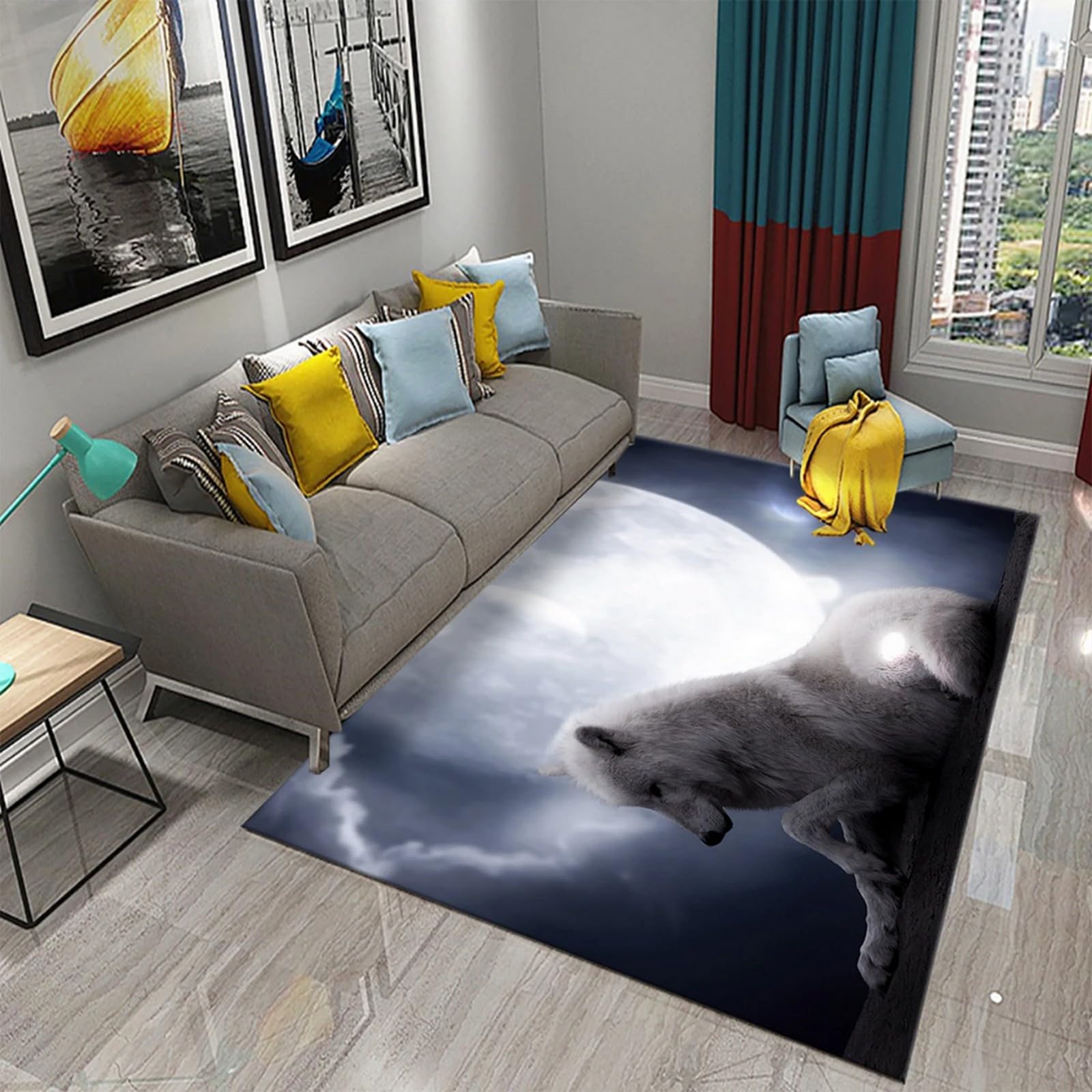 Tapis de salon 3D animal neige lune antidérapant lavable intérieur 120x160 cm