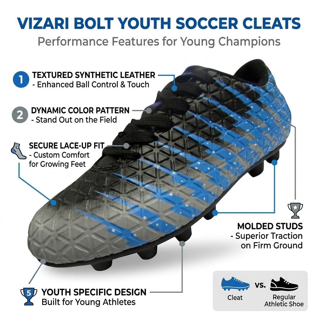Vizari FG Chaussures de football pour enfants - Chaussures de football pour garçons et filles - Crampons antidérapants pour l'entraînement et le jeu