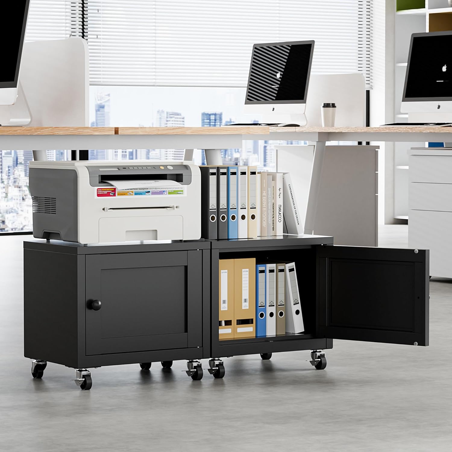 Small Printer Stand with Storage, Home Office Printer Table for Small Spaces, Under-Desk 3D Printer Stand with Wheels, for Office Copier and Fax Machine, Black