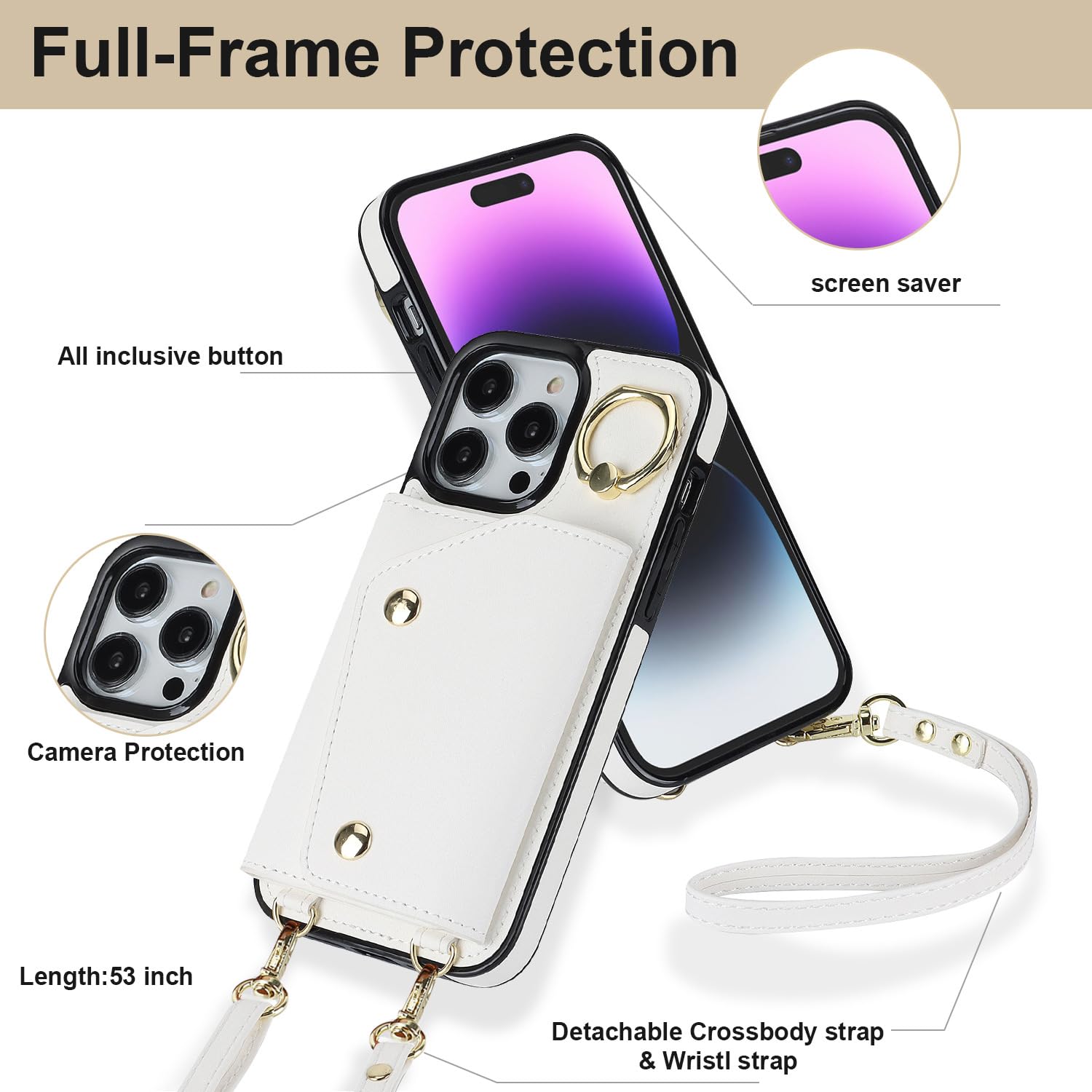 LUVI Compatible with iPhone 15 Pro Max Wallet Case with Card Holder Crossbody Neck Strap Lanyard Wrist Strap Purse for Women PU Leather Flip Case with Credit Card Kickstand Stand Case White