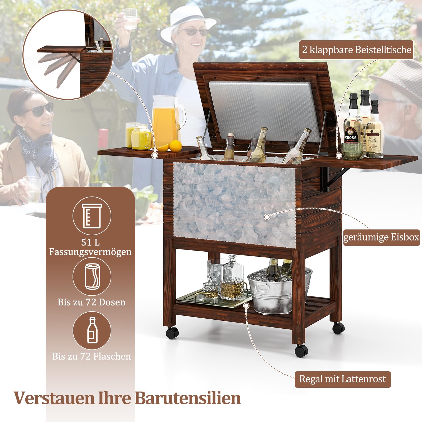 GYMAX 51L Kühlwagen, Servierwagen Kühlbox aus Holz mit 2 klappbaren Tischen, Flaschenöffner & abschließbare Rollen, Getränkekühler Outdoor für Poolbereich, Garten, Party