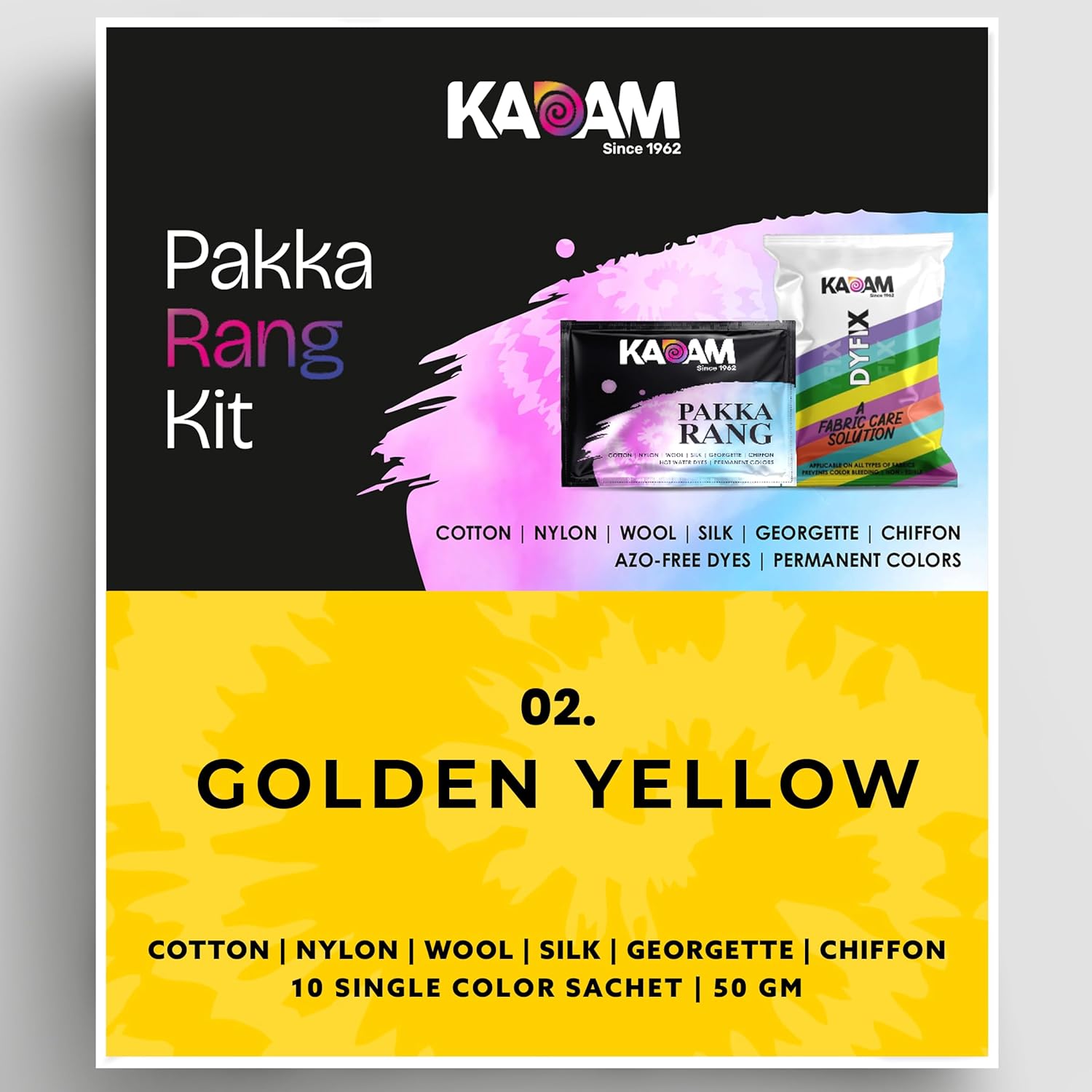 Kadam Pakka Rang Fabric Dye for Clothes Permanent, Cloth Dye Powder, Fabric Dye Clothes, Dye for Faded Jeans, 10 sachets of Shade 02 Golden Yellow Colour with 5 sachets of DyFix Colour Fixer Kadam Pakka Rang Fabric Dye for Clothes Permanent, Cloth Dye Powder, Fabric Dye Clothes, Dye for Faded Jeans, 10 sachets of Shade 02 Golden Yellow Colour with 5 sachets of DyFix Colour Fixer