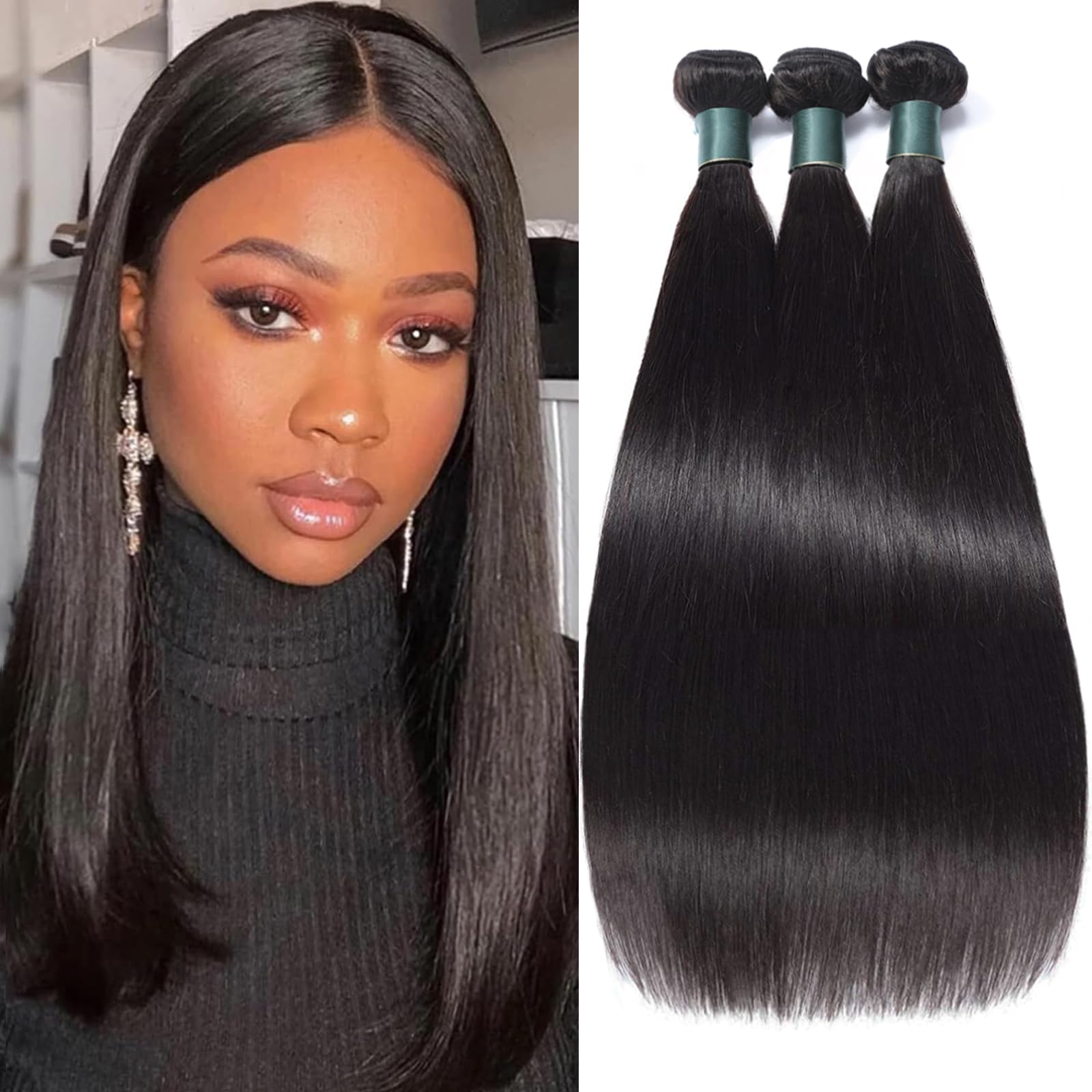 Great Grace Brazilian Straight Bundles Human Hair 12 14 16 Inch 12A 100% Unprocessed Virgin Human Hair Weave 3 Bundles Deals Natural Black Color (