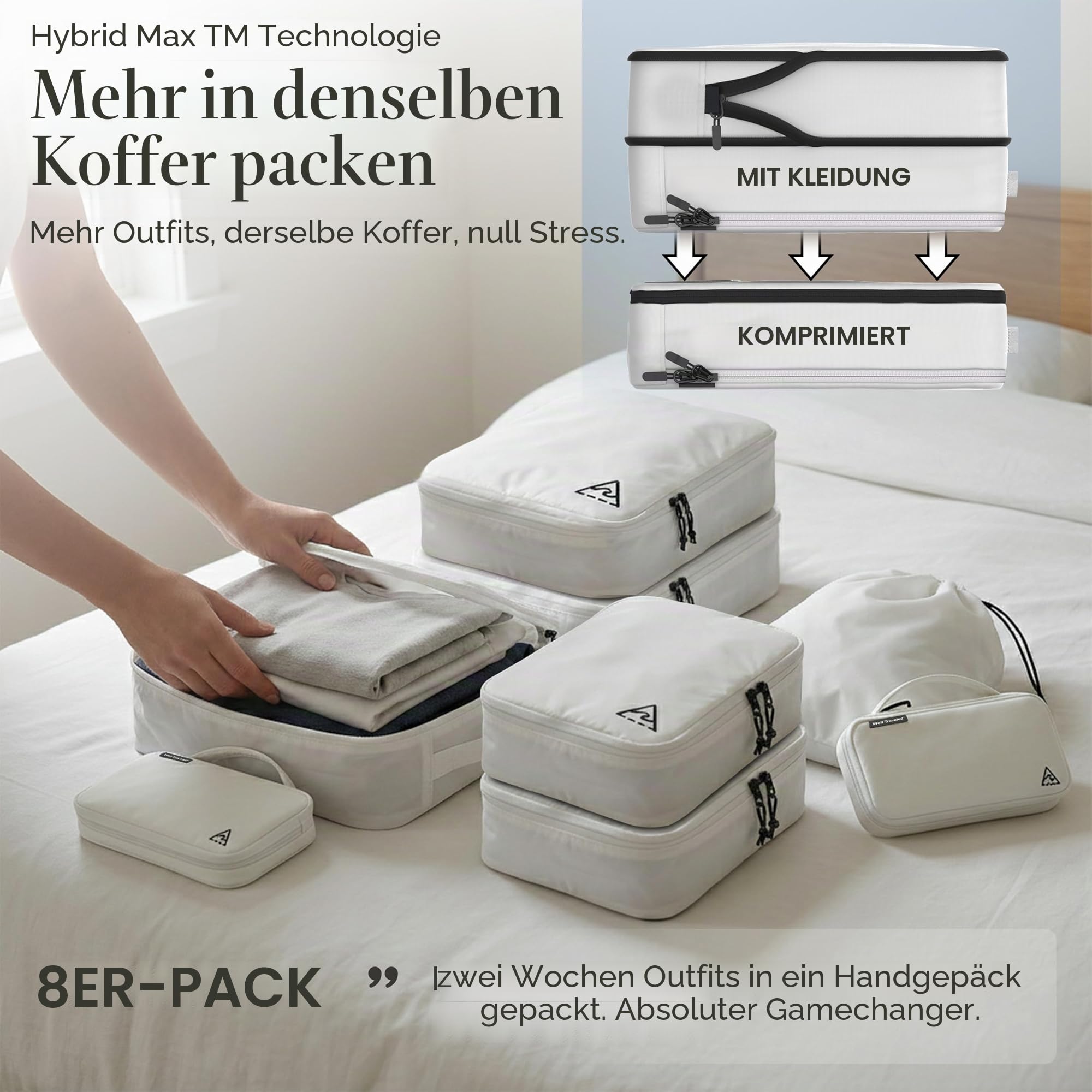 Deluxe Kompressions-Verpackungswürfel für Reisen, Platz maximieren im Gepäck, patentiertes HybridMax-Doppelkapazität-Design, komprimierbare Packwürfel für Reisen, groß, klein, mittel, 8er-Set/4er-Set