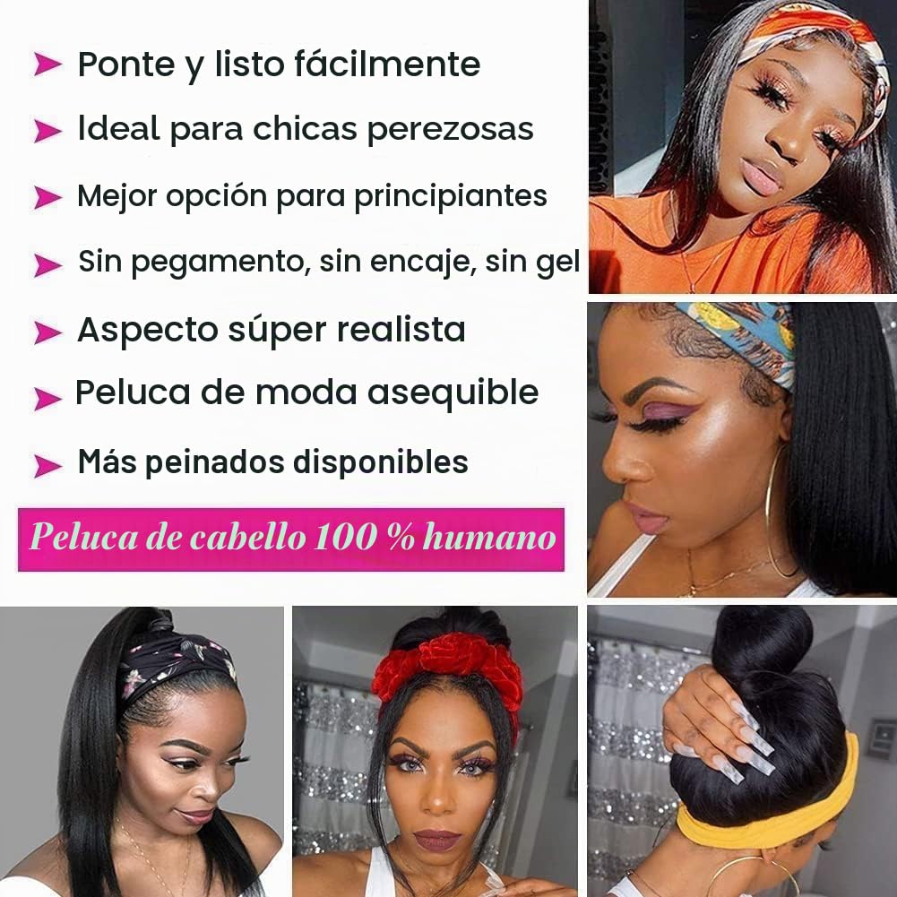 Pelucas Mujer Pelo Natural Humano Peluca de Pelo Recto Femenina Negra Straight Human Hair Headband Wig Cabello Humano con Peluca en La Cabeza 12 Inch 150% Density
