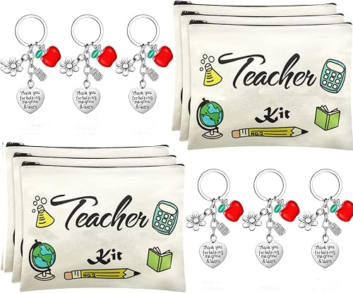 Sureio 6 bolsas de maquillaje cosmético para profesores y 6 llaveros de agradecimiento al profesor, regalos del día de San Valentín para profesores,