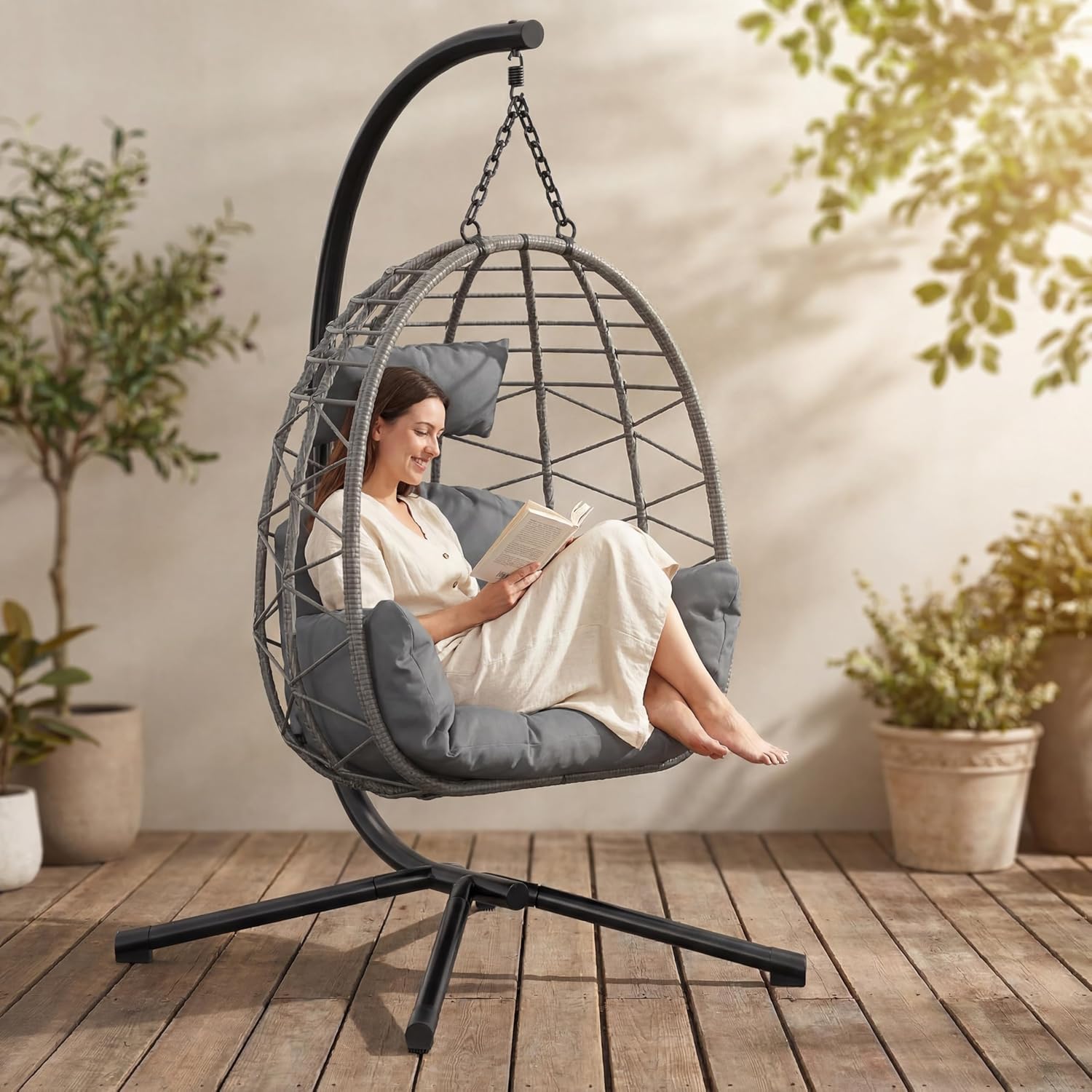 FairyLee Outdoor & Indoor Hanging Egg Chair with Stand – Collapsible Rattan Hammock Swing, 150kg Capacity, Weatherproof Cushions & Adjustable Headrest, Protective Cover, for Patio, Garden, Balcony