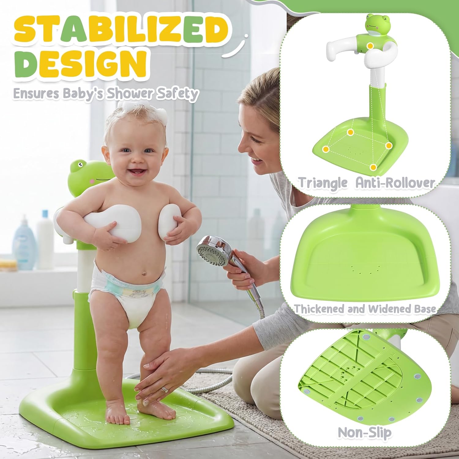 Orzbow Baby Bath Stand, Adjustable Height Baby Shower Stand, Toddler Shower Standing Support with Non-Slip Base for Infant 6-36 Months, Easy-Use, Ideal Gift, Green