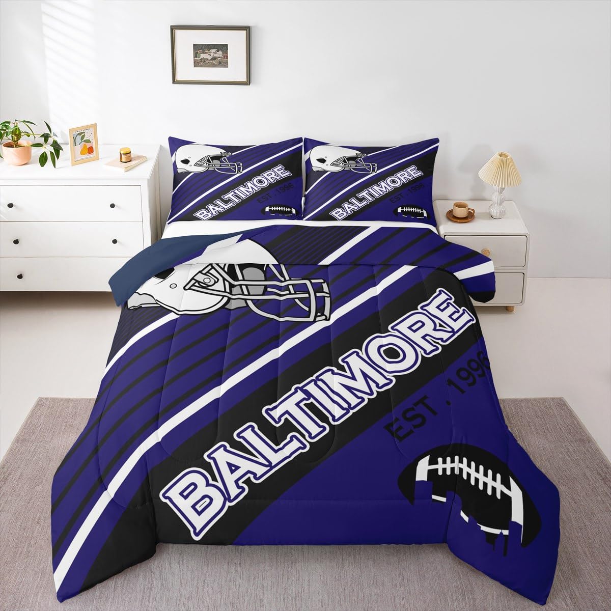 American Football Lovers Comforter Set International Ball Teams Bedding Gifts for Men, Blue and Black Football Helmet Queen Bed Comforter Set for Boys Teens Geometry Striped Quilt (Baltimore)