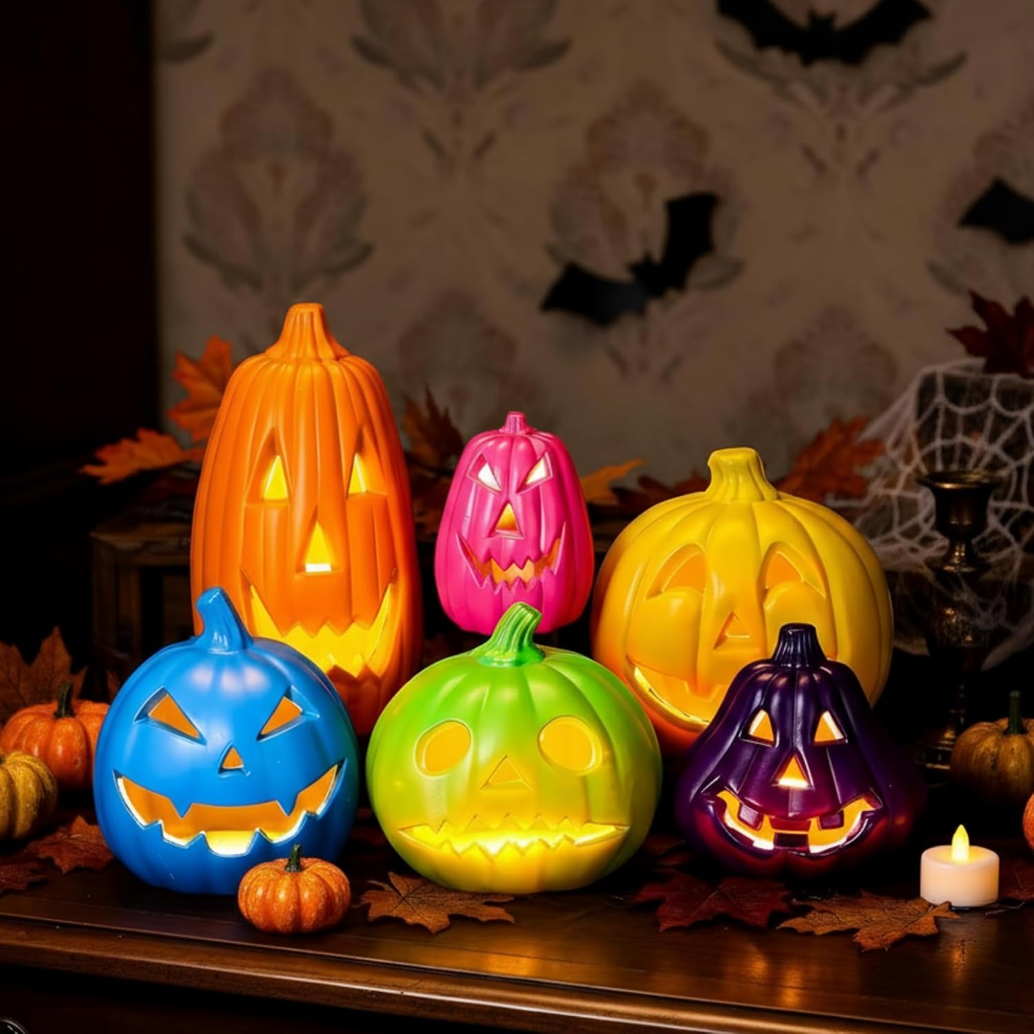 6 Pcs Halloween Pumpkin Lantern Set Light up Pumpkin Lamp LED Light Orange Halloween Decoration for Porch Front Door Outdoor Party Holiday Supplies (Orange)
