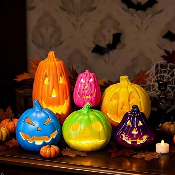 Tujoe 6 Pcs Halloween Pumpkin Lantern Set Light up Pumpkin Lamp LED Light Orange Halloween Decoration for Porch Front Door Outdoor Party Holiday Supplies Multi Color