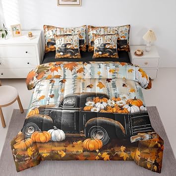 Castle Fairy Black Pumpkin Truck 7 Piece Comforter Sets Queen,Maple Leaves Comforter & Sheet Sets,Cozy Theme Bed in a Bag Rustic Soft All Season Fitted Sheets,4 Pillowcases