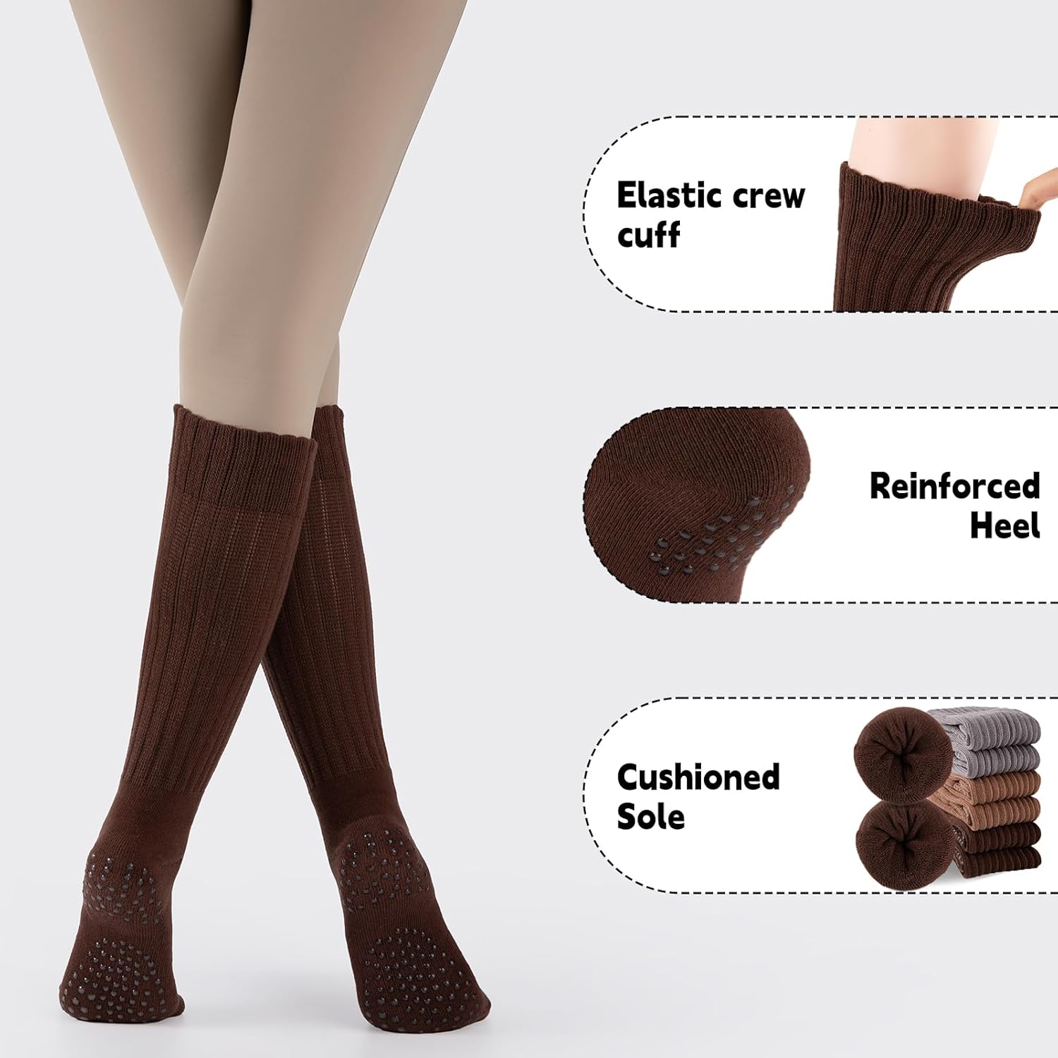 COOVAN Grip Pilates Socks for Women 3 Pairs Yoga Slouch Crew Long Scrunch Slipper Socks for Barre Ballet Dance Hospital - Image 3