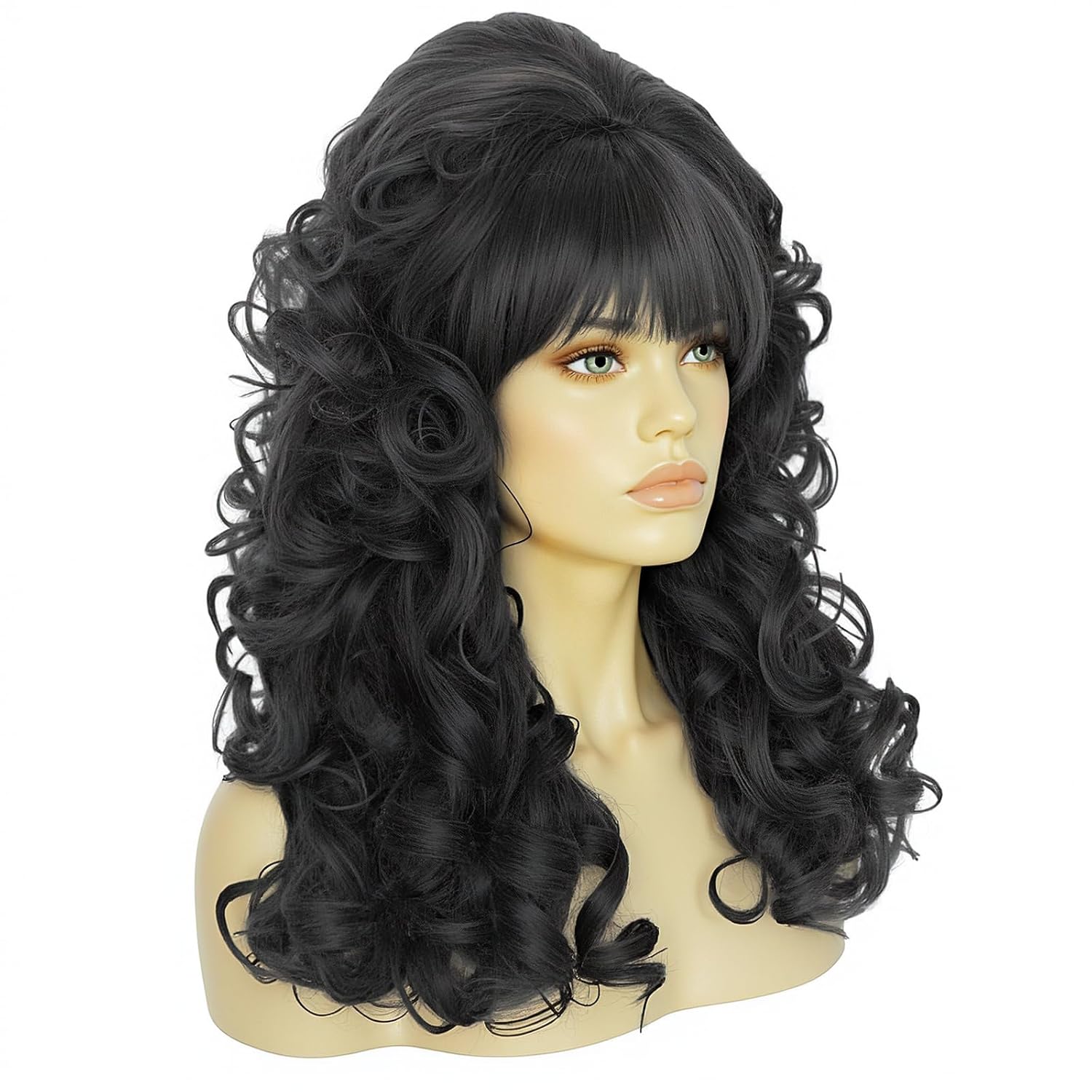 JoneTing 80s 70s 60s Vintage Costume Wig【+Hair Cap】 Long Black Curly Wig with Bangs for Women 60s 70s 80s Queen Cosplay Costume Wigs for Halloween Party Outfit