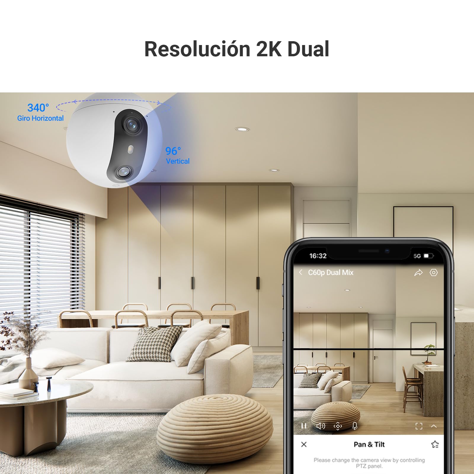 EZVIZ 6MP(2K+2K) Camara de Vigilancia Interior 360° Doble Lente,AI Detección Humanoa,Seguimiento Automatico,Llamada Bidireccional con Botón Táctil,WiFi 6 de Doble Banda 2,4/5 GHz, Soporta 512GB,C60P